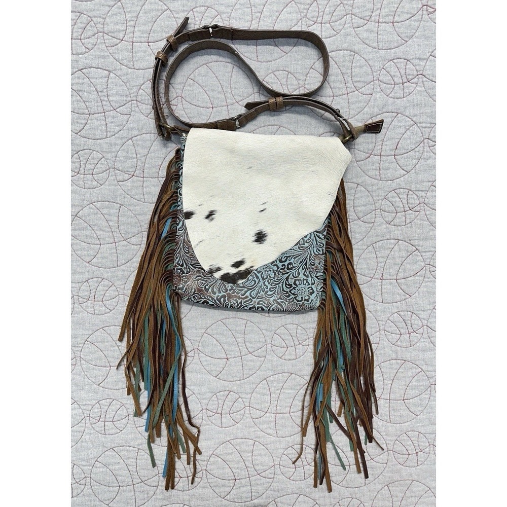 Myra Bag Cobal Blue Concealed Carry Bag (S-3345) Embossed Leather Hairon Fringe
